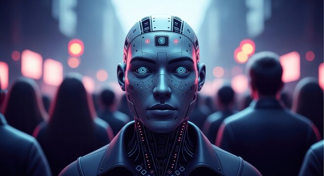 Close-up of a futuristic humanoid robot with glowing blue eyes. - Powered by Adobe