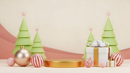 Fototapeta premium Christmas 3D render with gold podium white gift boxes and green pine trees with striped ornaments on beige background for holiday product showcase and seasonal sale banner