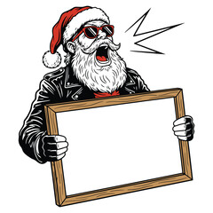 Rock and Roll Santa Christmas Character Holding Blank Sign