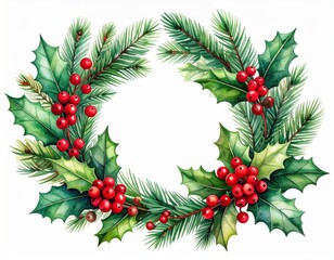 Watercolor Christmas Wreath with Holly Berries and Pine Branches on White