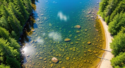 Aerial view of a clear lake with a rocky bottom and forested shoreline.
