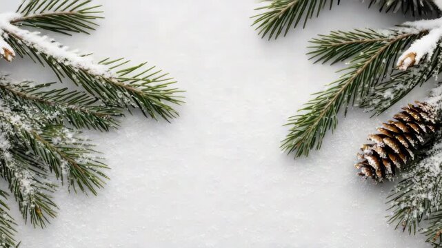 Snowy pine branches and frosted pinecone evergreen border framing peaceful winter blank white space