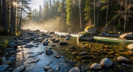 Fototapeta premium Misty forest river with sunbeams and a rainbow.