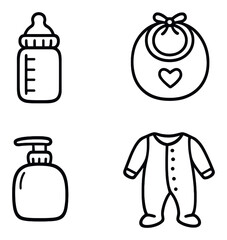 Obraz premium Minimalist baby icons set: bottle, bib, soap dispenser, onesie