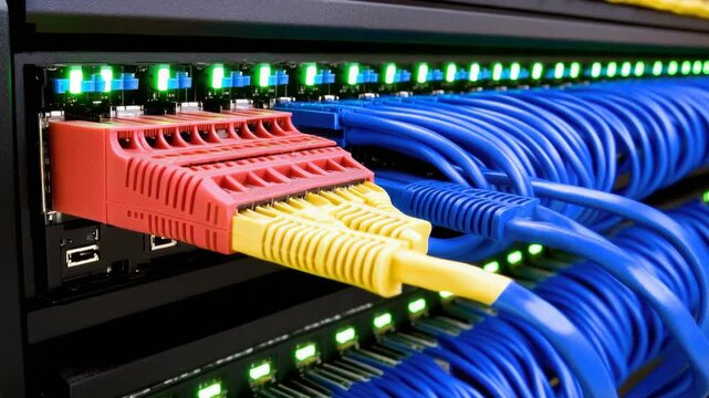 High density network patch panel with colorful ethernet cables, illuminated connectors and active