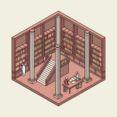 3D isometric architecture design featuring a set of furniture inside a vintage wooden house and a glass window warehouse building with a metal gate and iron railing