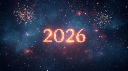 Kembang api yang semarak menerangi langit malam dengan teks 2026 yang bersinar.