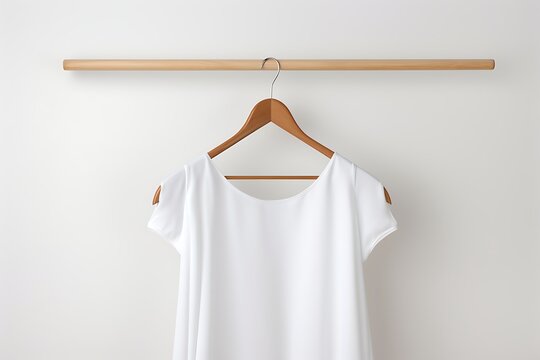 Elegant white blouse hanging on wooden hanger against plain wall
