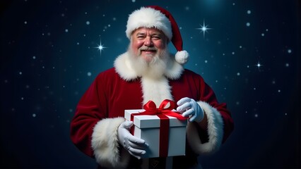 Santa Claus holding a gift box with a red ribbon against a starry night background. Festive Christmas imagery for holiday cheer and gift-giving.