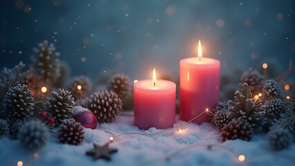Cozy winter scene with glowing red candles, snow-covered pine cones, and twinkling fairy lights for festive Christmas ambiance.