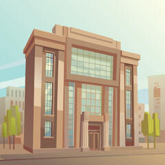 Vector illustration of a modern residential apartment building featuring a brick facade with glass windows and a yellow roof under a blue city sky