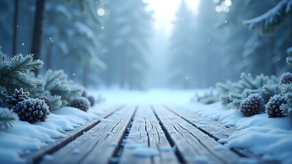 Snow-covered wooden path through a serene winter forest with frosty pine trees and soft sunlight filtering through the misty air.