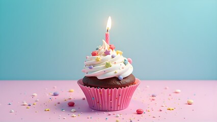 Delicious chocolate cupcake with white frosting, colorful sprinkles, and a lit candle on pink background. Perfect for birthday celebrations.