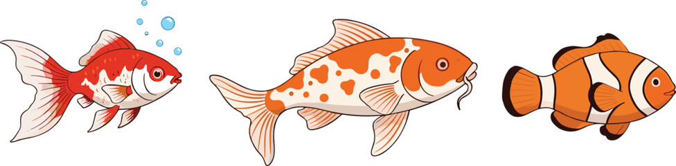 Fish illustration collection with goldfish koi carp and clownfish styles flat vector design isolated on white background for aquarium, kids, and aquatic projects