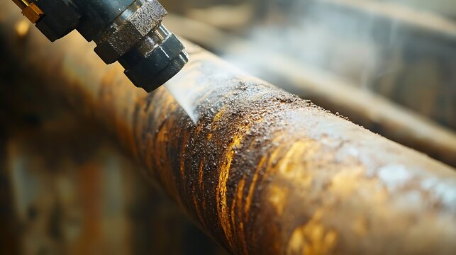 Close-up of rusty pipe being cleaned with high-pressure jet