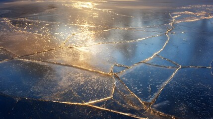 夕日に照らされる凍結した湖の氷