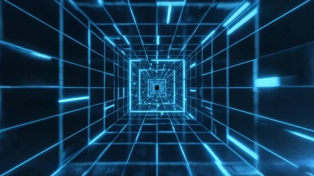 A futuristic blue grid tunnel with glowing lines receding into a vanishing point in the distance