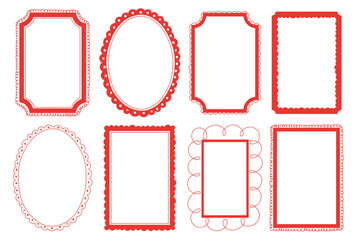 Set of trendy hand-drawn retro frames. Hand drawn vintage borders in doodle style. Red cute hand drawn rectangle frames collection. Minimalist retro templates for cards, ads, branding, poster.