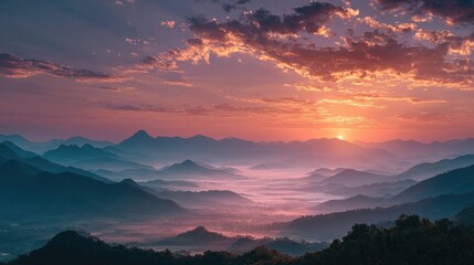 Obraz premium epic sunrise over mist-covered mountains, cinematic wide shot 
