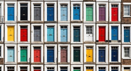 Rows of colorful doors, each with a unique hue, in a repetitive pattern