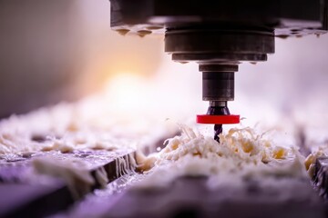 CNC mill cutting metal. Shavings fly as the computer-controlled machine precisely mills