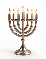 Fototapeta premium Menorah with Seven Lit Candles on White Background Celebration of Hanukkah