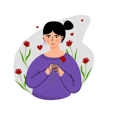 Self love girl illustration character. Love your self with flower woman illustration.