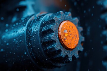 A wet gear, part of a larger machine, glistens with droplets, showcasing the intricate design and precision engineering, reflecting technology and mechanical prowess
