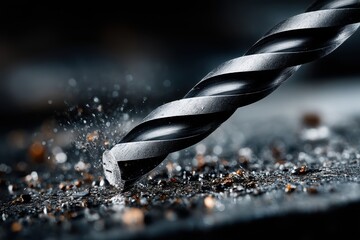 A metal drill bit powerfully cuts into a hard surface, with fragments flying, showing the precision and force of construction and tool usage