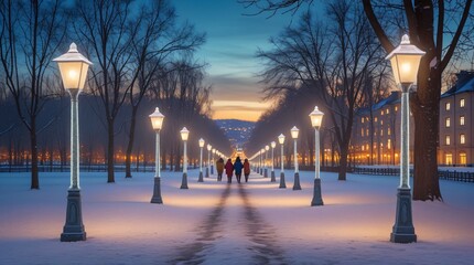 Fototapeta premium A charming path lined with frosted lampposts, leading through a peaceful, snow-covered park towards a distant