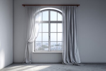 Fototapeta premium Interior view of a room featuring a tall arched window with flowing draperies overlooking an urban scene