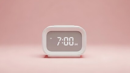Minimalist Digital Alarm Clock Displaying 7:00 AM Against a Soft Pink Background with Copy Space