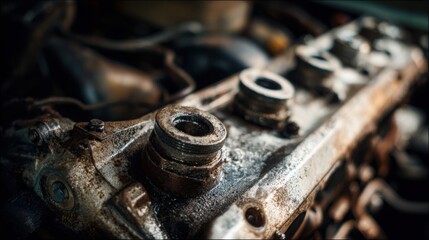 classic naturally aspirated car engine after long service, solid metal block, visible wear but intact, oil stains, workshop environment, warm soft