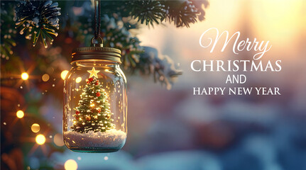 Text Letters Merry Christmas And Happy New Year. glass jars with Christmas tree web banner