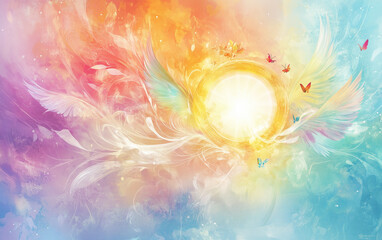 Soft pastel aura background featuring a sun with rainbow and feathers circle, leaving white swirling wind waves. Mystical concept for spiritual soulawakening, consciousness, meditation and healing 