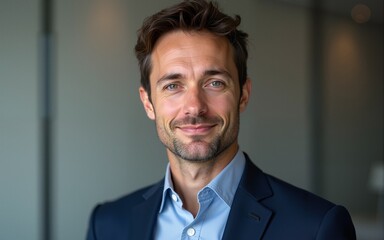 Modern portrait headshot of a friendly ceo executive business worker: A handsome man in a navy suit confidently gazes at the viewer with a slight smile, presenting a professional and approachable de