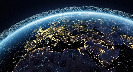 Obraz premium Global network connectivity illustration viewed from space at dusk showing Europe and Africa