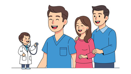 Fototapeta premium Health and Family: A heartwarming scene depicts a child doctor with a stethoscope, offering care to a happy family. Embracing concepts of care, well-being, and compassion.