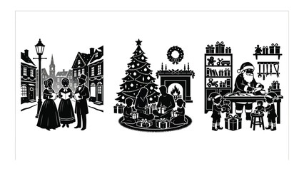 Christmas Scene with Tree, Gifts, and Santa Claus in City