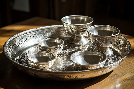 Elegant antique silverware set on wooden table