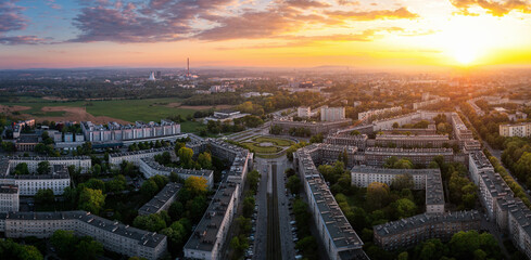 Colorful sunset in Nowa Huta - the ideal socialist, green district, during Summer time, Krakow, Poland