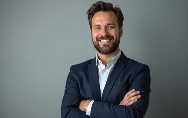 happy businessman posing with arms crossed. High quality