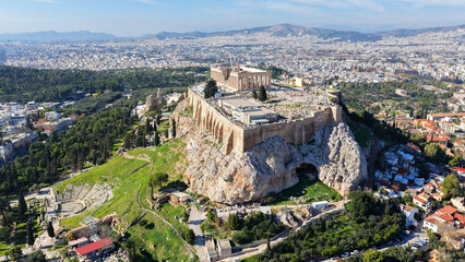 Aerial drone photo of iconic Acropolis hill and the Parthenon, Athens historic centre, Attica,...