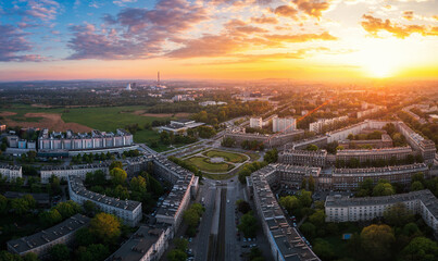 Colorful sunset in Nowa Huta - the ideal socialist, green district, during Summer time, Krakow, Poland	