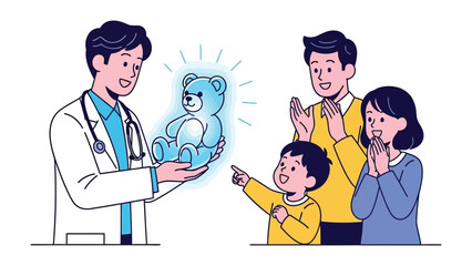 The Doctor's Gentle Gift: A heartwarming scene unfolds as a compassionate doctor presents a glowing teddy bear to a thrilled child, his parents joyfully observing the moment.