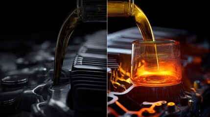 engine oil breakdown visualization, clean oil turning dark under heat, comparison between frequent and delayed oil changes, technical infographic