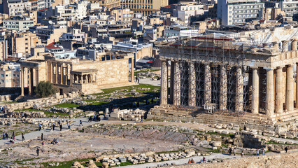 Obraz premium Aerial drone photo of iconic Acropolis hill and the Parthenon, Athens historic centre, Attica, Greece