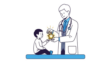 Health Appreciation: A healthcare professional presents a golden star to a child. This illustration captures a moment of medical care. 