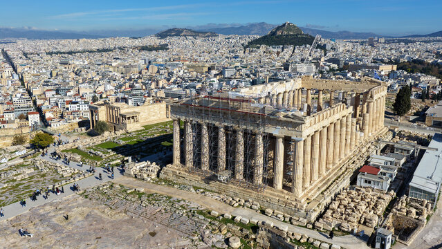 Aerial drone photo of iconic Acropolis hill and the Parthenon, Athens historic centre, Attica, Greece