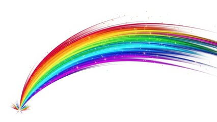 A vibrant, sparkling rainbow arc with a dynamic, colorful trail against a clean white background, suggesting magic and light.